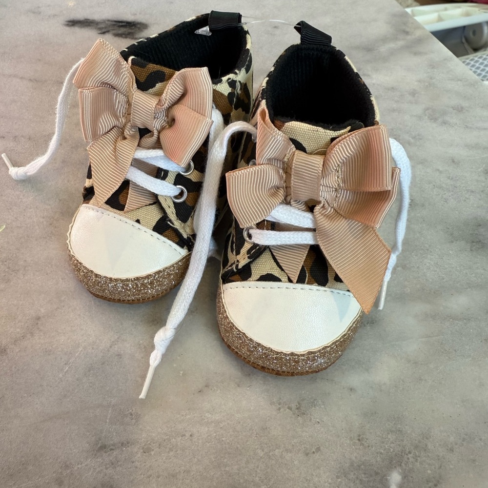 Leopard Print Baby Shoes with Gold and Bow Accents